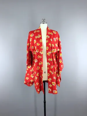 1920s Vintage Silk Haori Kimono Jacket / Red Floral Ikat