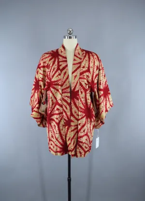 1930s Vintage Silk Haori Kimono Jacket Cardigan / Japanese Sun / Red & Gold Shibori