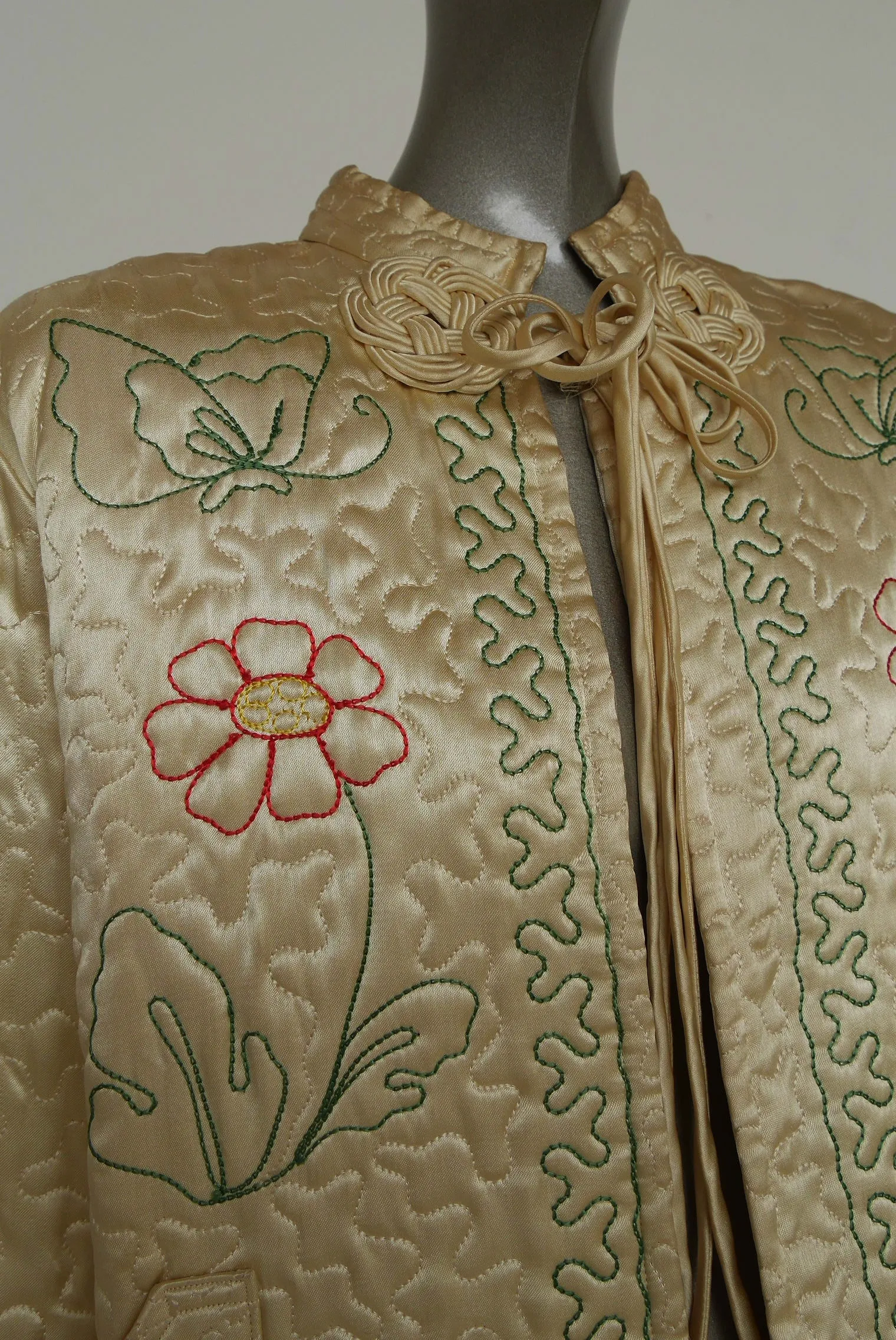 1940s silk satin bed jacket with amazing embroidery and huge bell sleeves