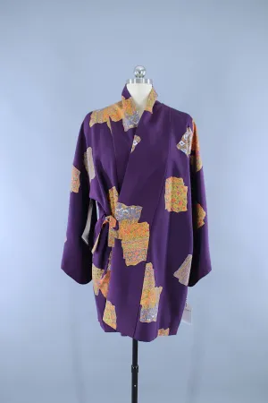 1960s Vintage Silk Haori Kimono Jacket Wrap Coat Dochugi Haori / Purple Floral