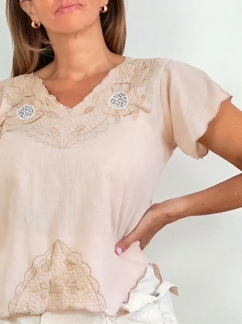 70's Nude Embroidered Top