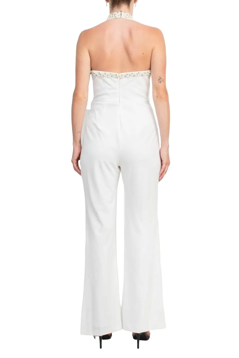 Adrianna Papell Embellished Halter Neck Open Zipper Back Solid Stretch Knit Crepe Jumpsuit