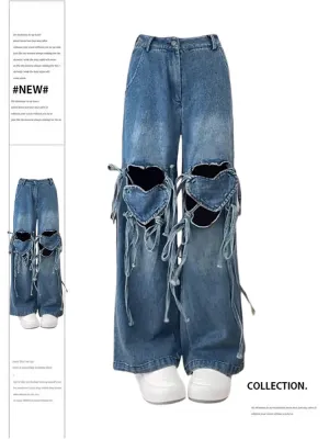 Aiertu Women's Y2k Jeans Harajuku 90s Aesthetic Baggy Bandage Denim Trousers Korean Heart Hollow Out Jean Pants Vintage 2000s Clothes