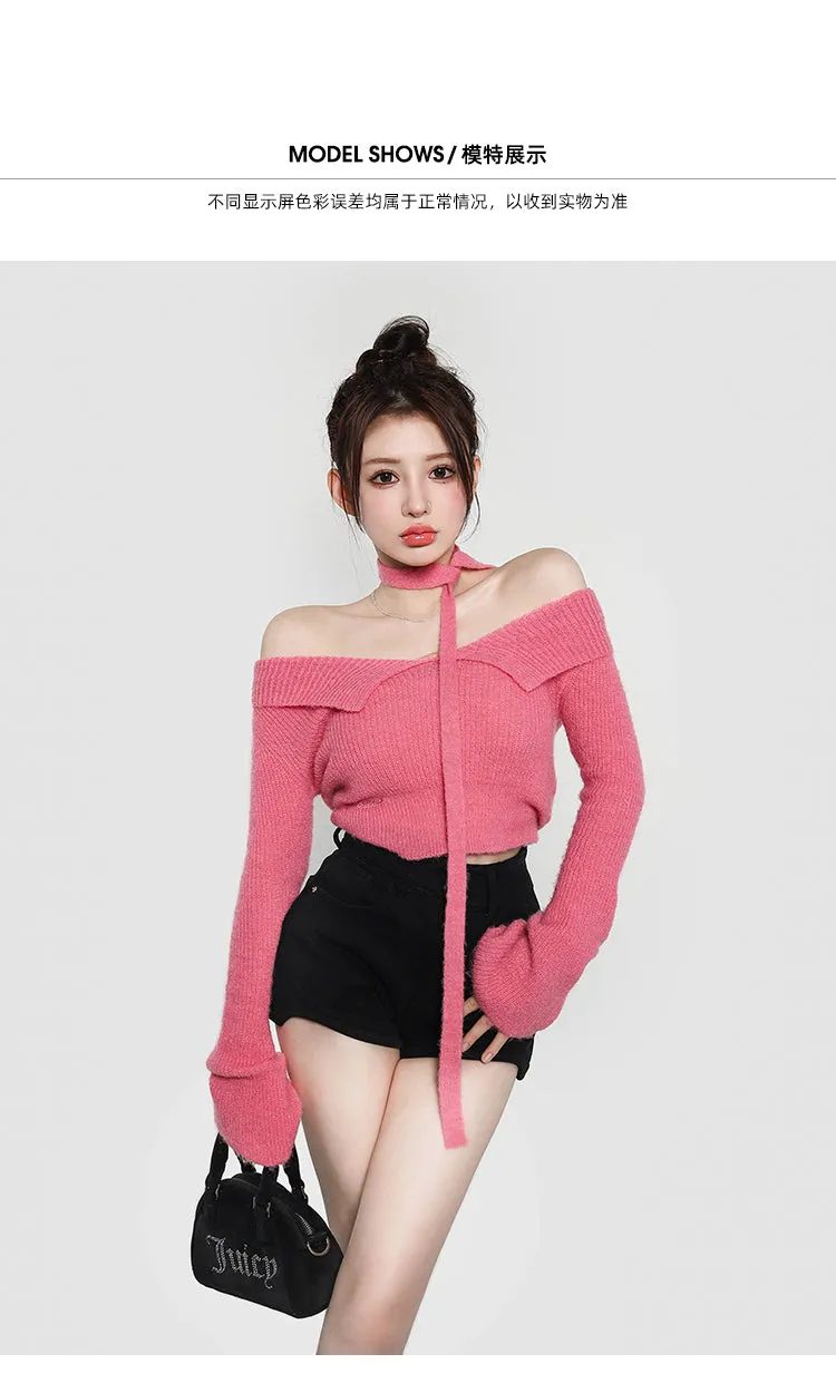 Ali Solid Color Ribbed Off The Shoulder Long Sleeve Cropped Top