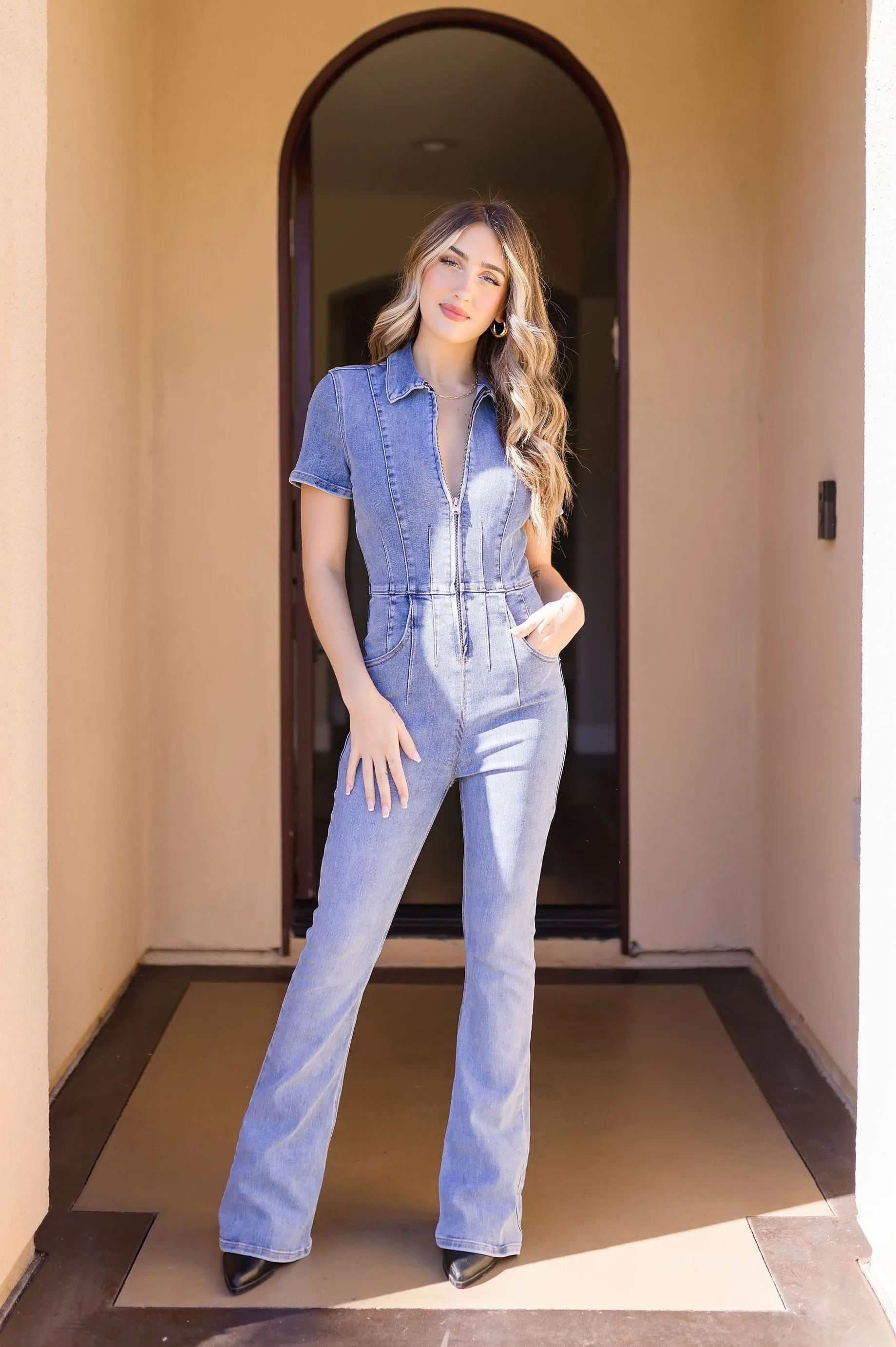 Amelia Short Sleeve Zip Up Flare Leg Denim Jumpsuit Medium Wash