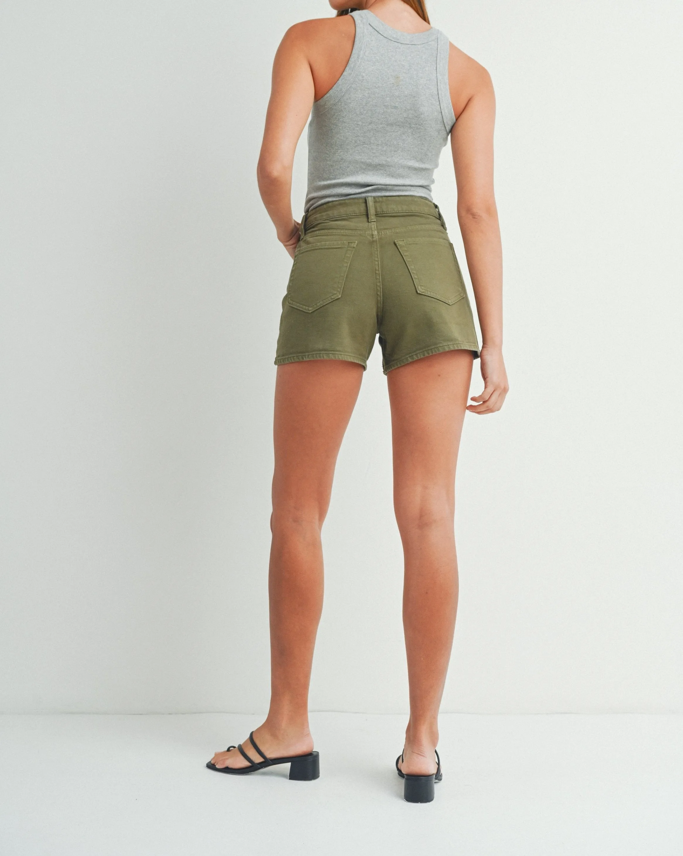 Army Girl Button Front Denim High Waisted Shorts in Olive