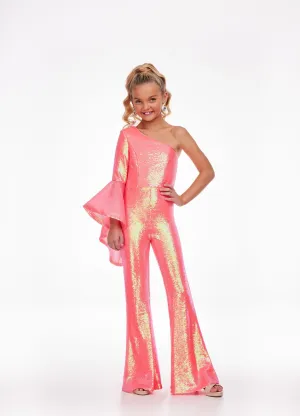 Ashley Lauren Kids 8110 Size 6 Coral One Shoulder Jumpsuit Long Bell Sleeve Sequin Pageant