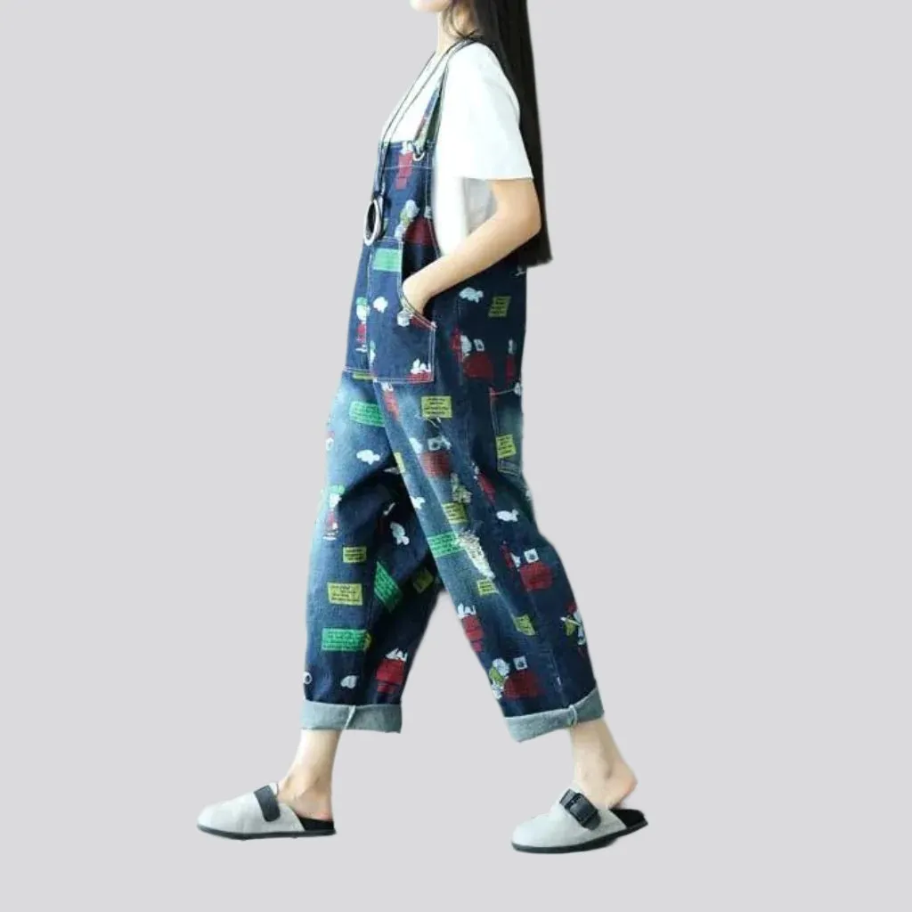 Baggy cartoon print denim jumpsuit for women