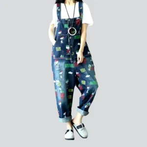 Baggy cartoon print denim jumpsuit for women