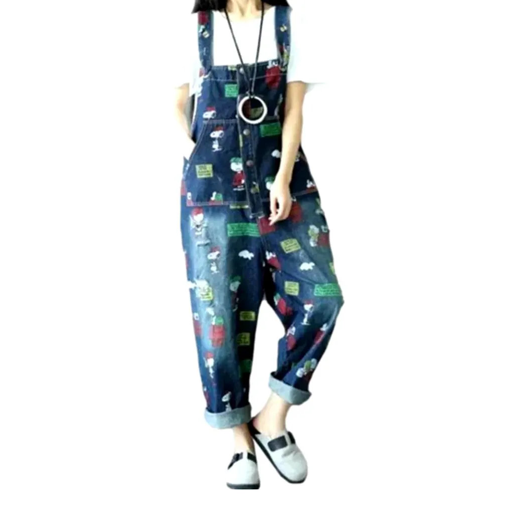 Baggy cartoon print denim jumpsuit for women