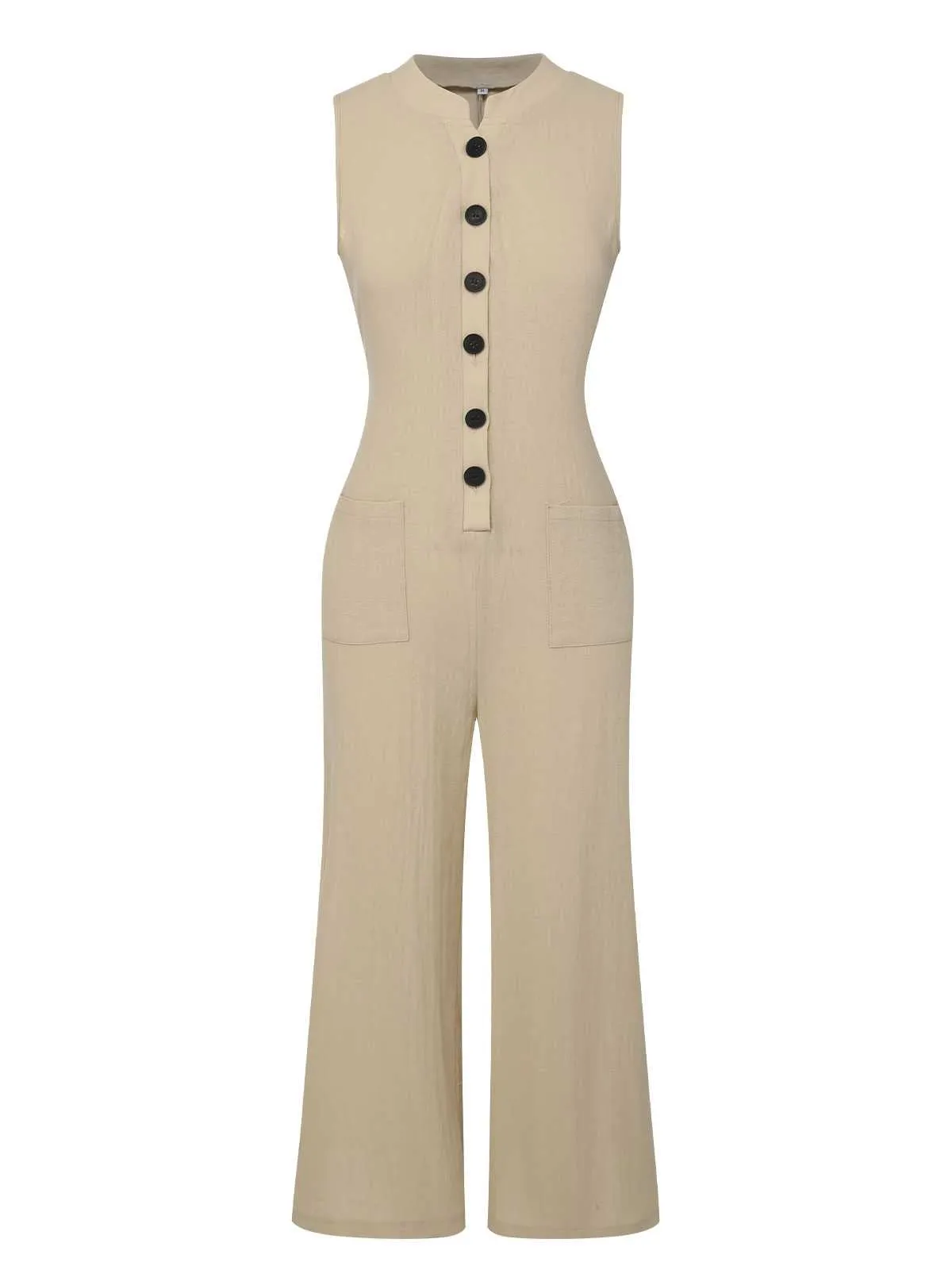 Beige 1940s Pockets Solid Sleeveless Jumpsuit