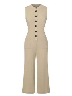 Beige 1940s Pockets Solid Sleeveless Jumpsuit