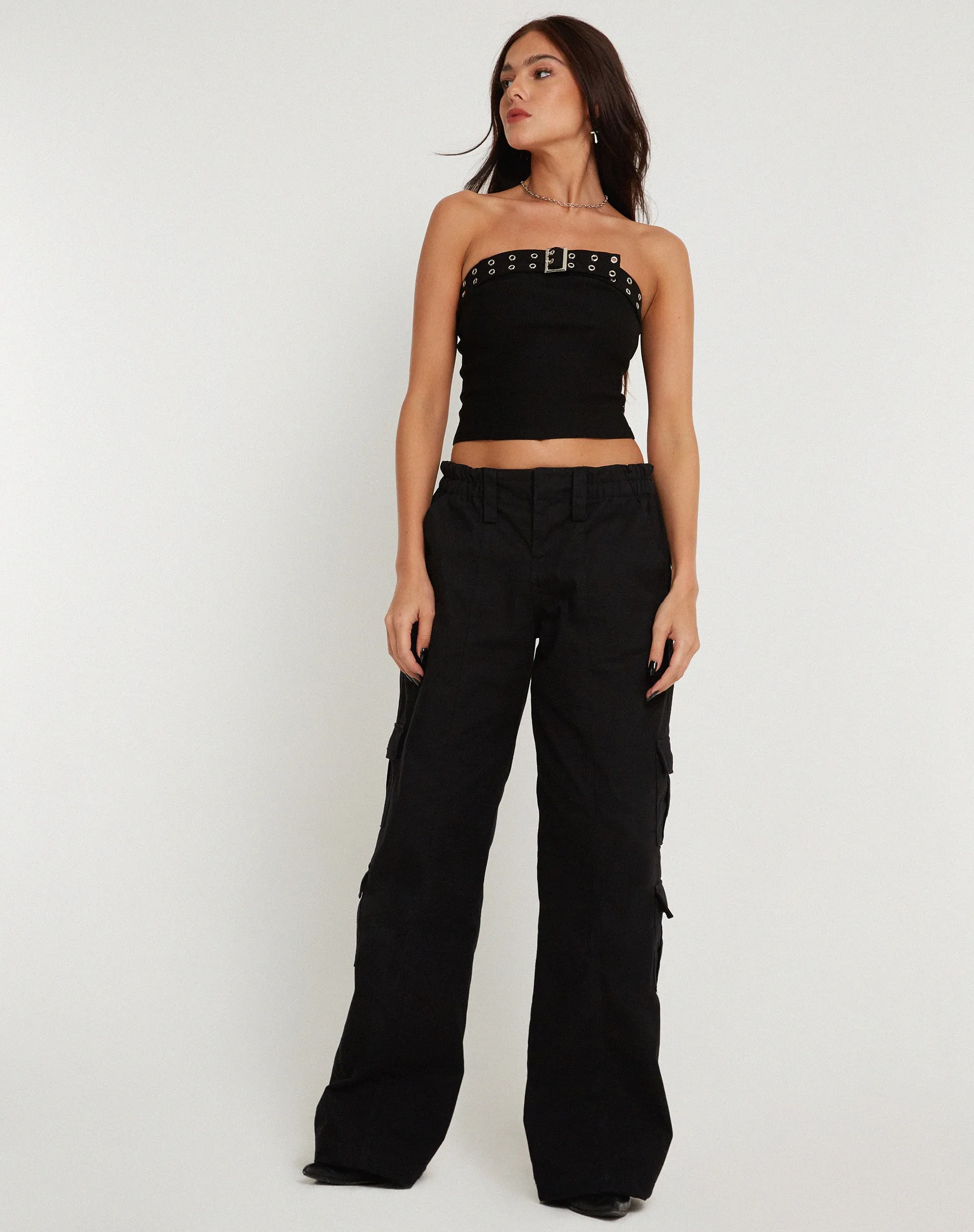 Bertha Strapless Crop Top in Black with Eyelet