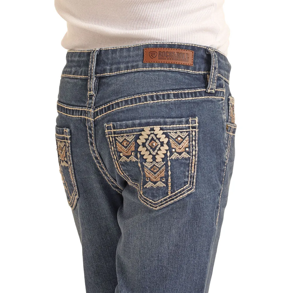 BG4MD04238 Rock & Roll Girls Aztec Embroidered Pocket Bootcut Jean