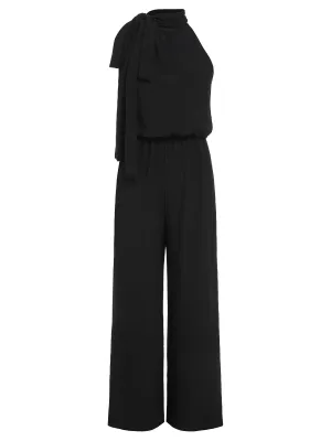 Black 1930s Solid Stand Collar Tie-Up Jumpsuit