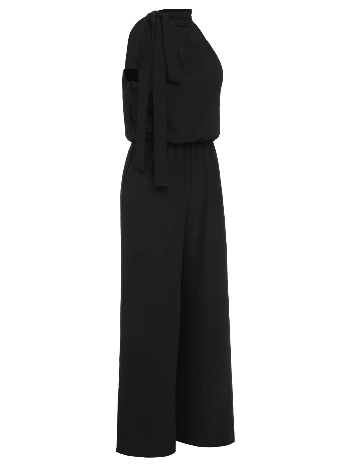 Black 1930s Solid Stand Collar Tie-Up Jumpsuit