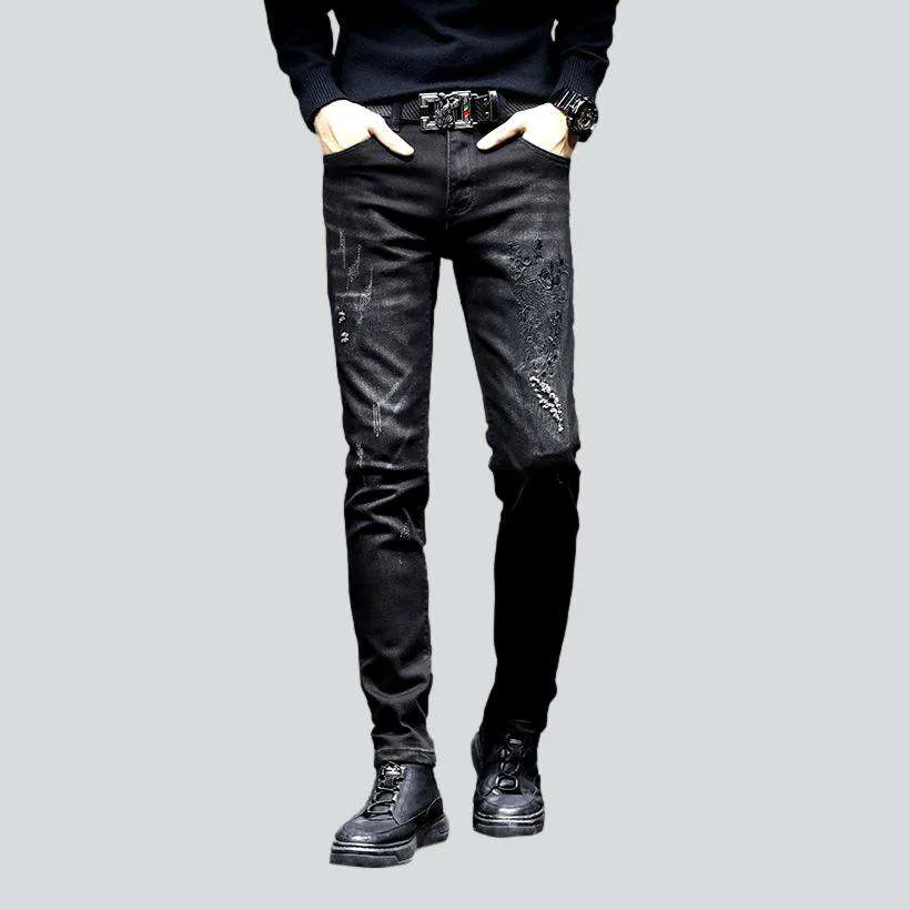 Black embroidered jeans for men