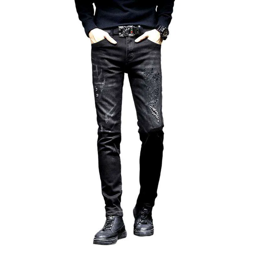 Black embroidered jeans for men