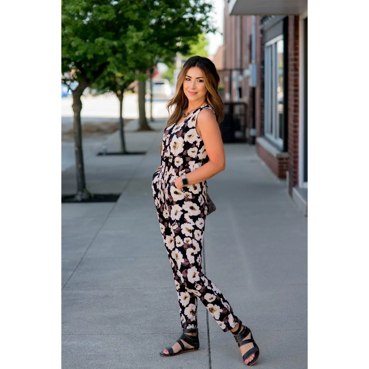 Black Floral Sleeveless Jumpsuit