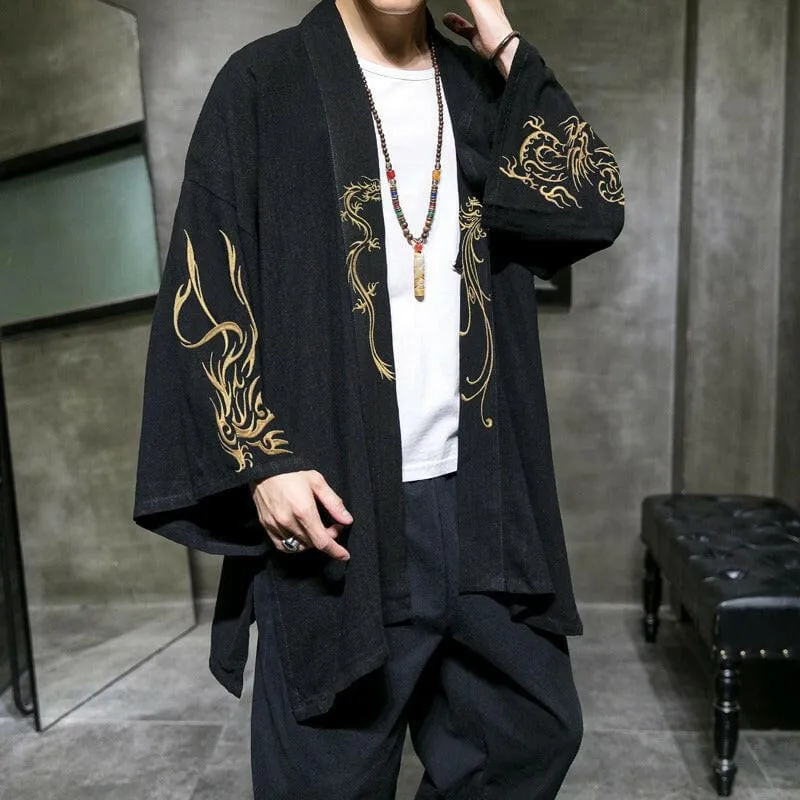 Black Kimono-style Jacket with Dragon Embroidery for Men