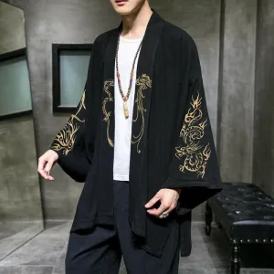 Black Kimono-style Jacket with Dragon Embroidery for Men