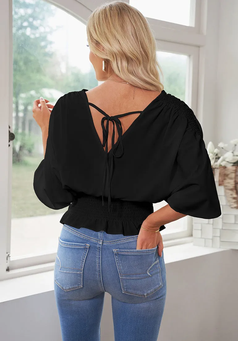 Black Women's Ruffle Sleeve V Neck Button Down Blouse Shirt Casual Work