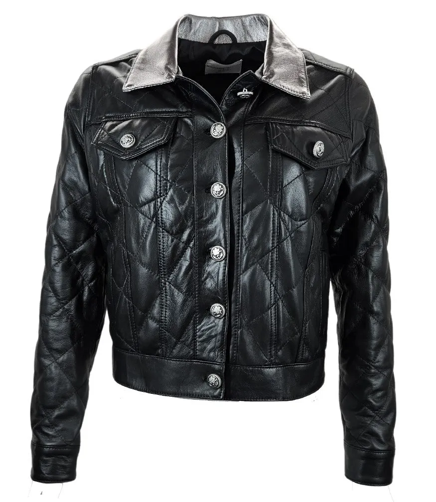 Black/Silver Quilted Leather Jacket