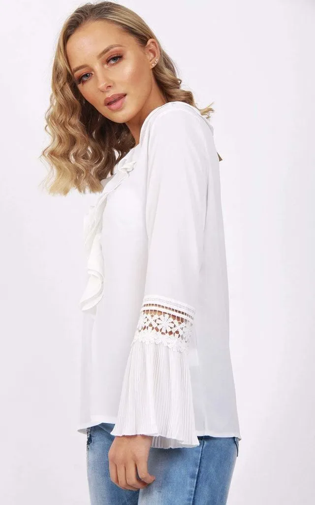 Blouson Ruffle Lace Applique Sleeve Blouse Top