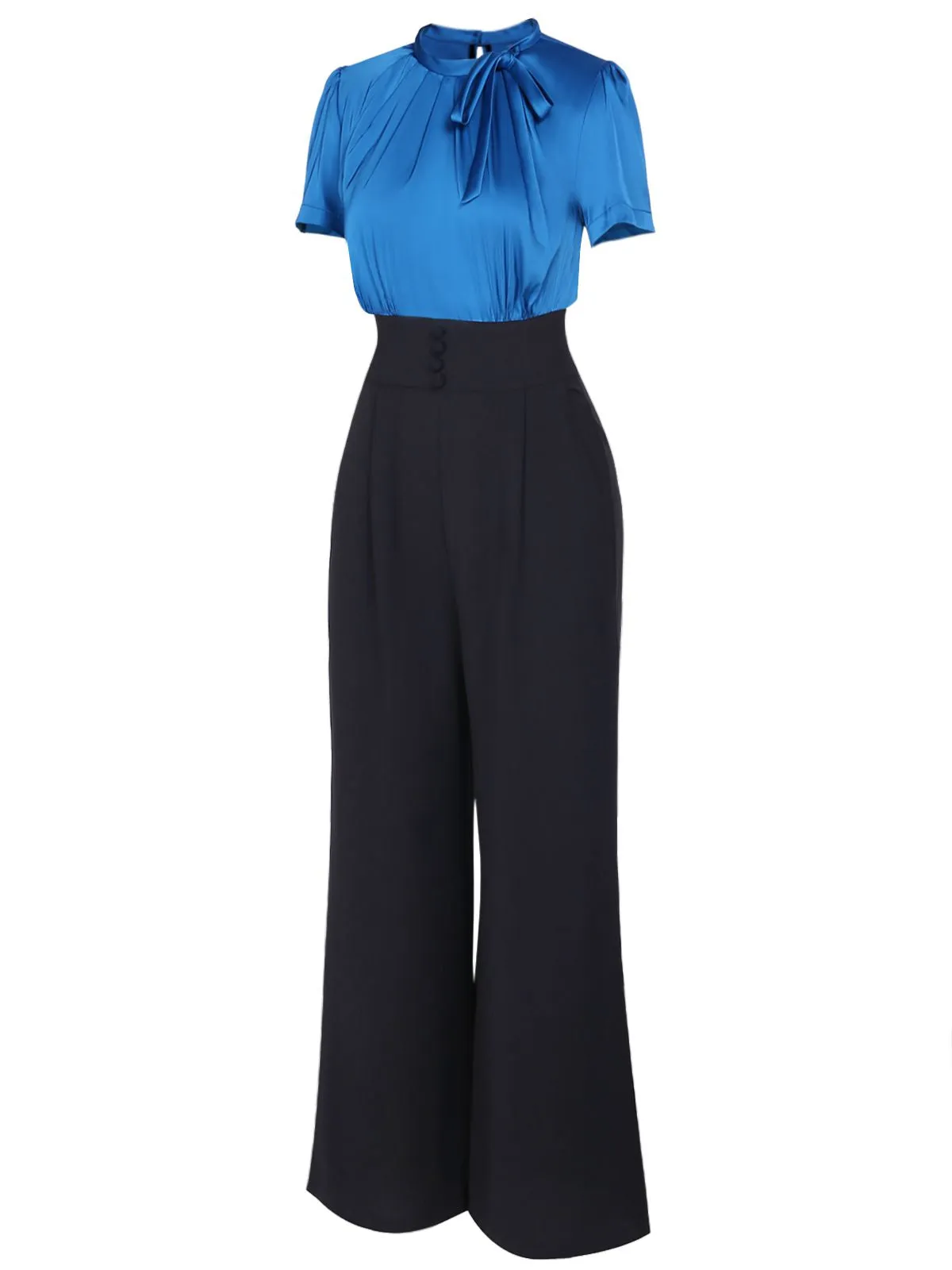 Blue 1930s Solid Lace-up Jumpsuit