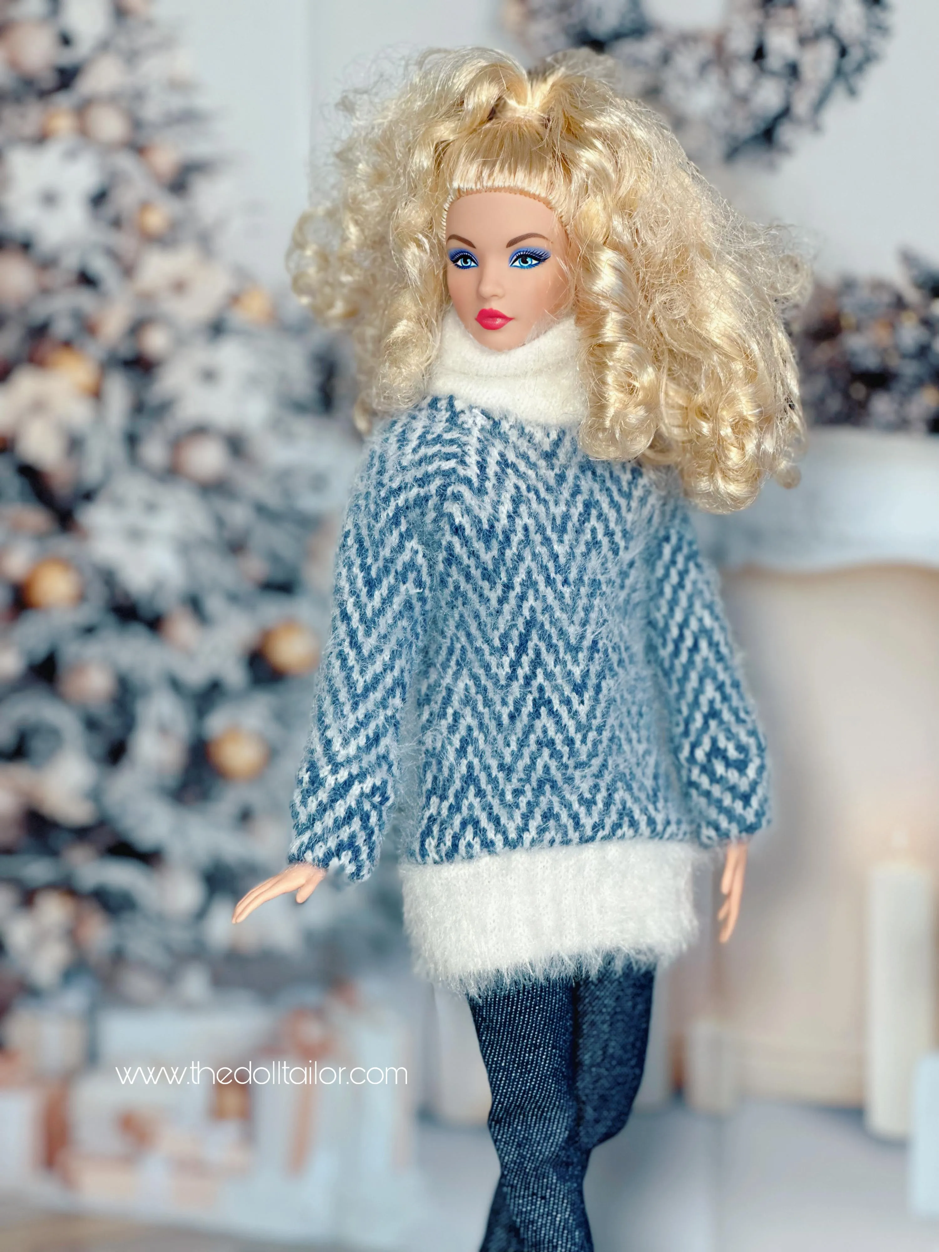 Blue and white turtle neck sweater for barbie dolls 1/6 scale sweater