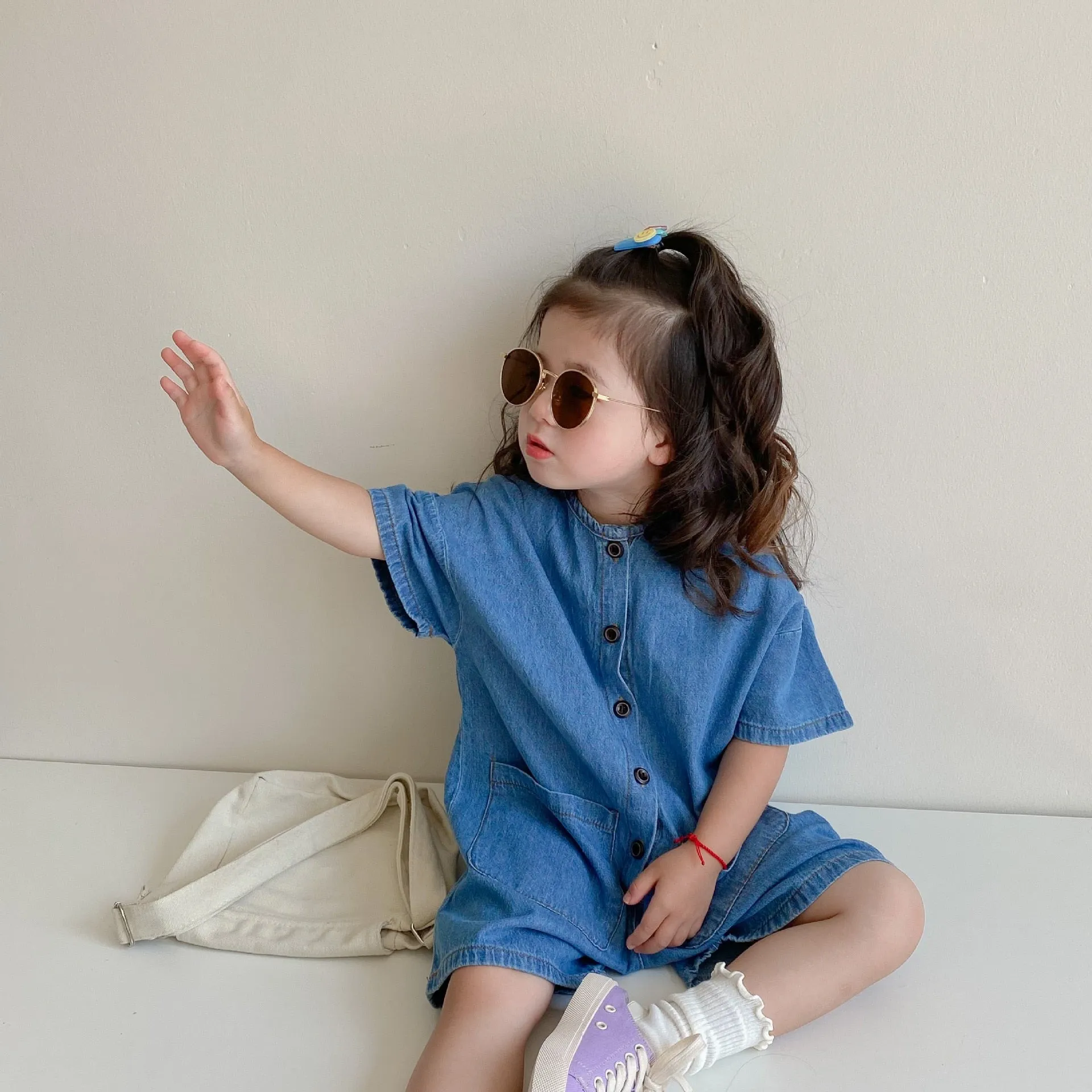 Blue Button Up Baggy Denim Jumpsuit for Girls