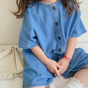 Blue Button Up Baggy Denim Jumpsuit for Girls