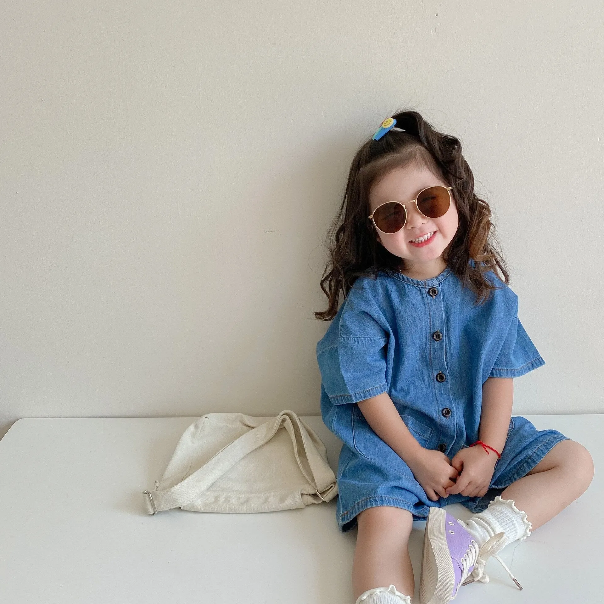 Blue Button Up Baggy Denim Jumpsuit for Girls