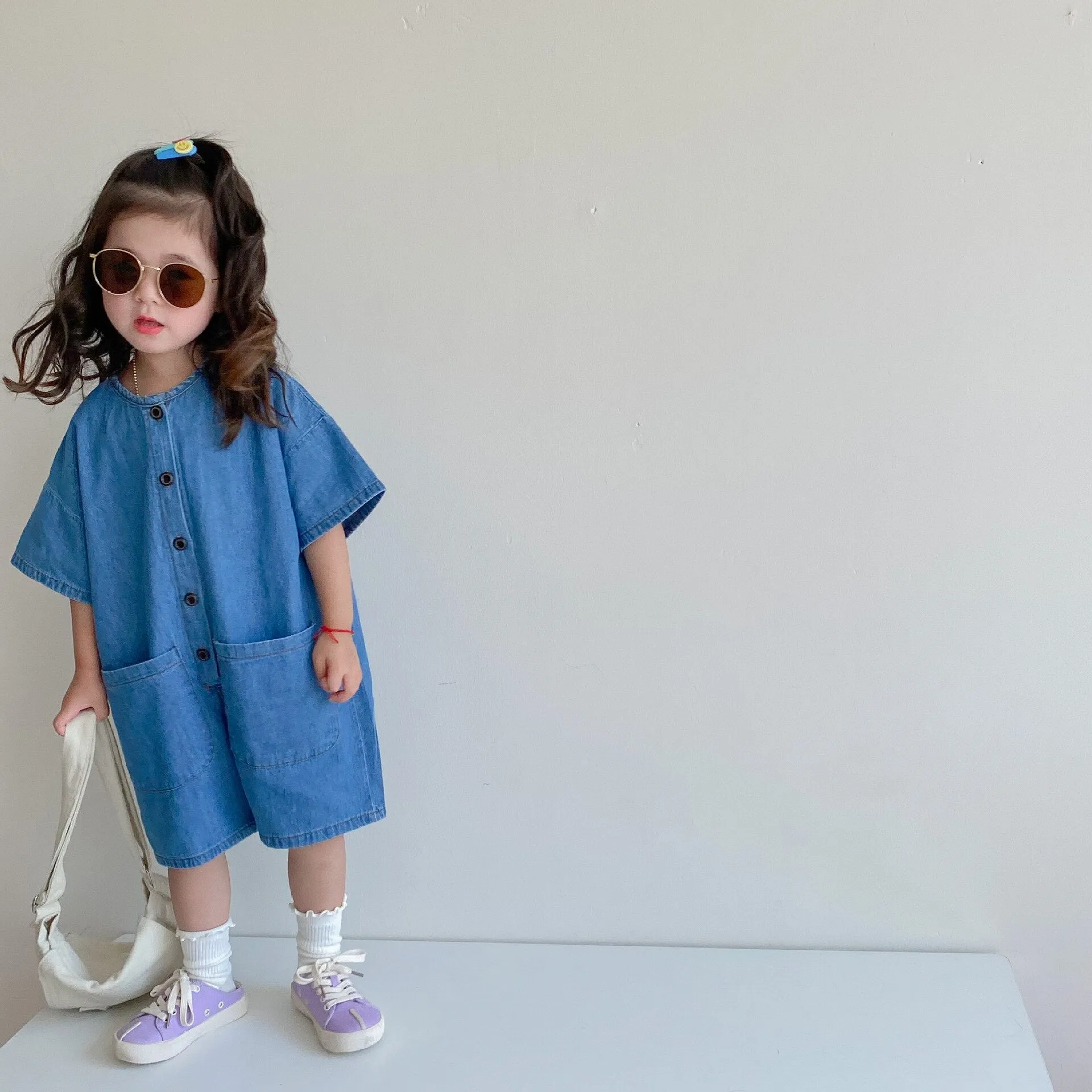 Blue Button Up Baggy Denim Jumpsuit for Girls