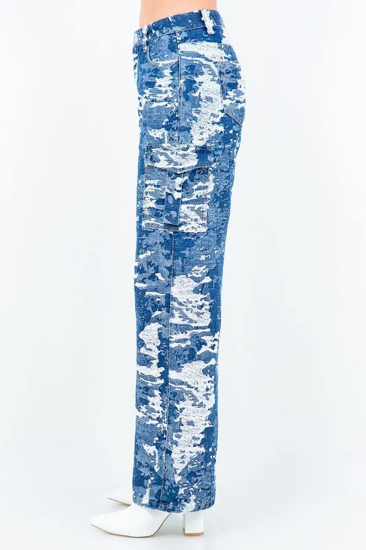 Blue Combo Wide Leg Jacquard Trim Pants