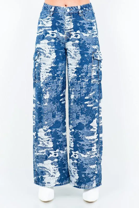 Blue Combo Wide Leg Jacquard Trim Pants