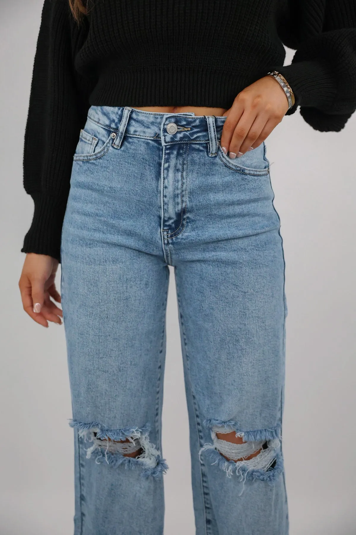 Blue Denim Ripped Distressed Straight Leg Jeans