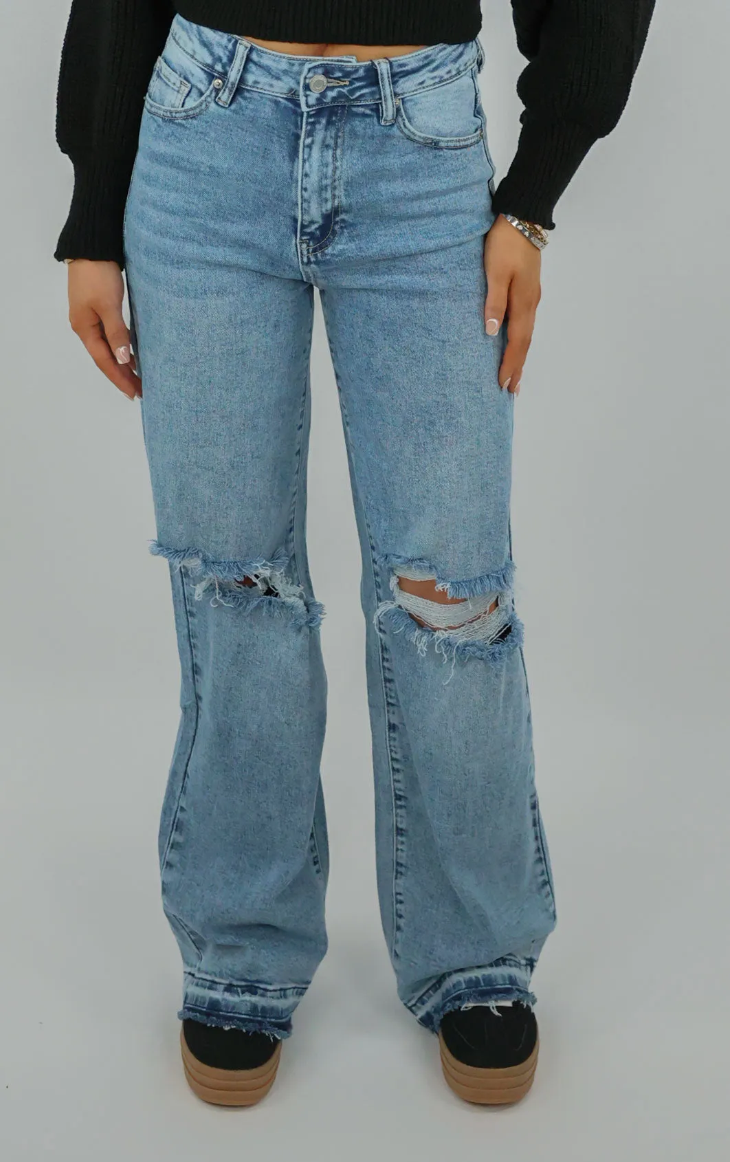 Blue Denim Ripped Distressed Straight Leg Jeans