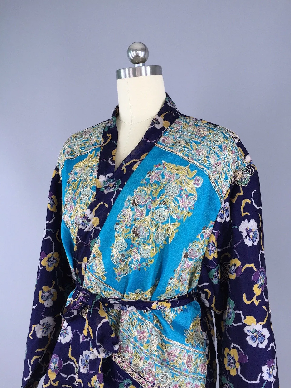 Blue Pansy Embroidered Silk Chiffon Kimono Cardigan made from a Vintage Indian Sari