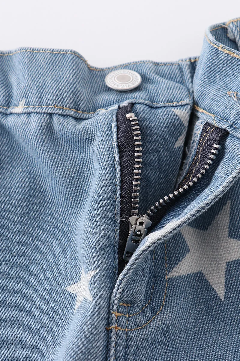 Blue star print flare denim jeans