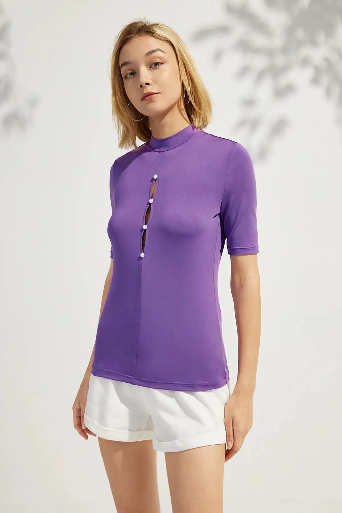 Button Front Mock Neck Top