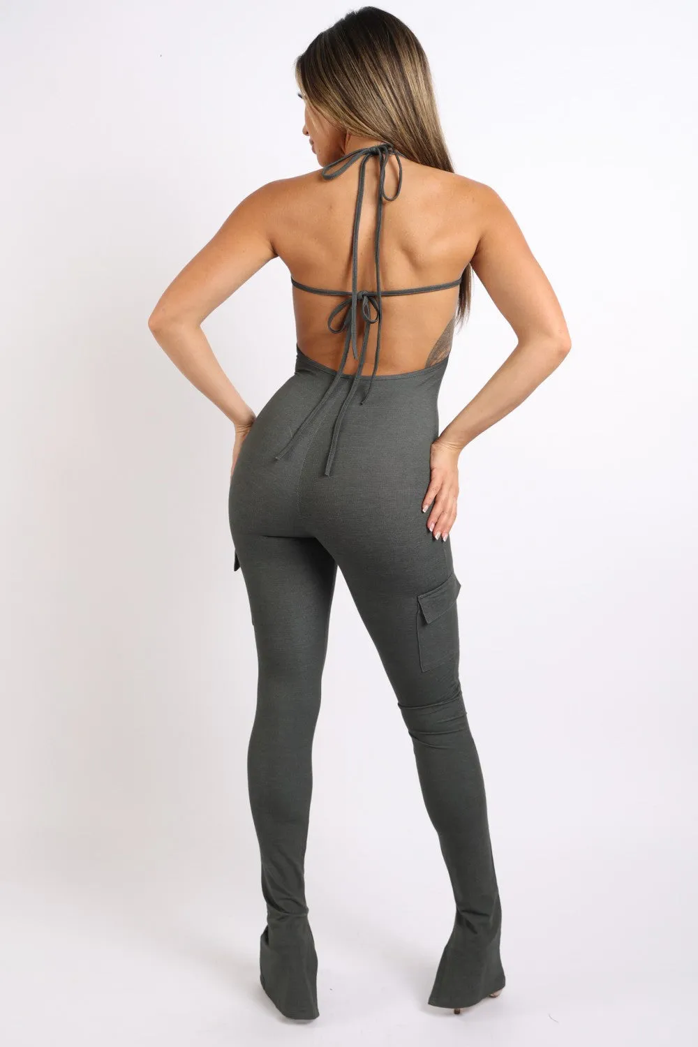 CARGO POCKET HALTER JUMPSUIT