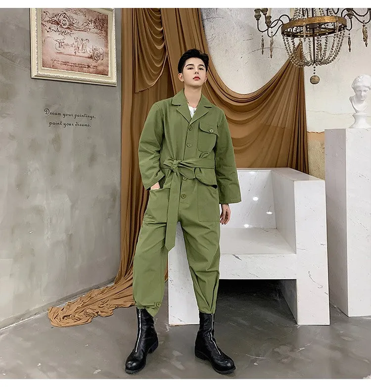 Casual Harajuku Style with Waist Rope Men Jumpsuit Shirt