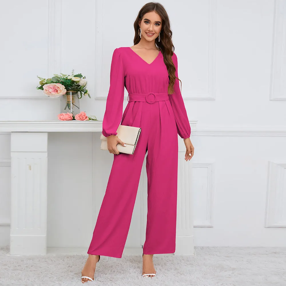 Casual Solid Color V-neck Long Sleeve Slim-fit Jumpsuit