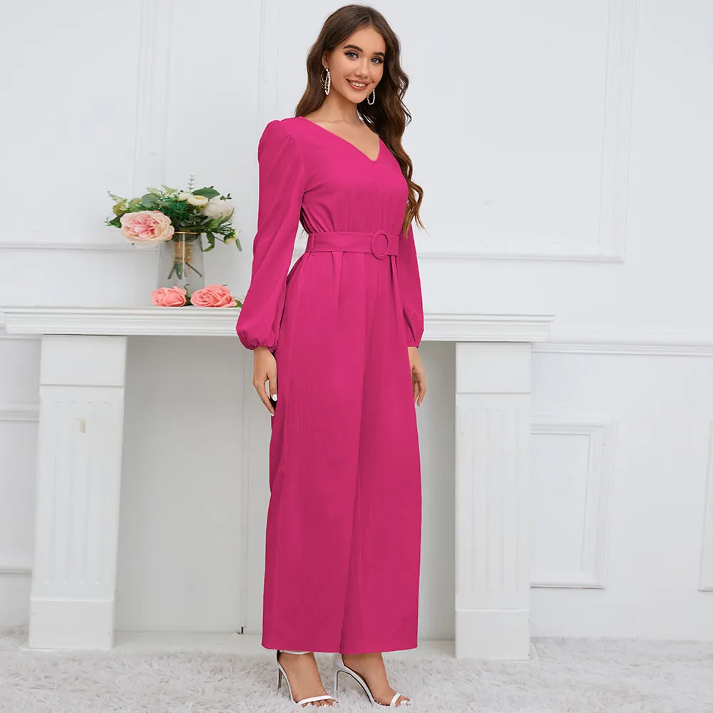 Casual Solid Color V-neck Long Sleeve Slim-fit Jumpsuit