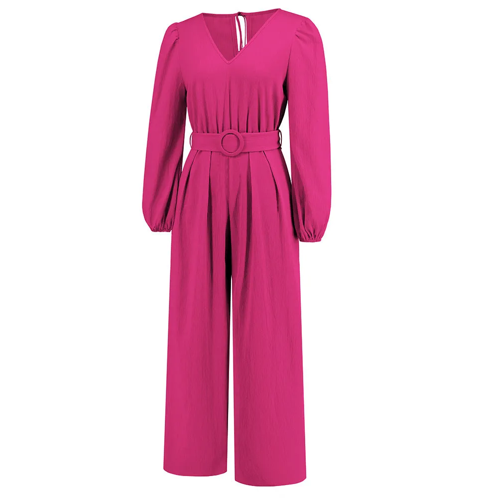 Casual Solid Color V-neck Long Sleeve Slim-fit Jumpsuit