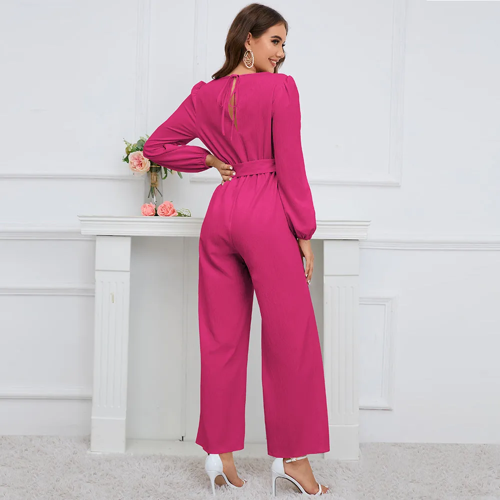 Casual Solid Color V-neck Long Sleeve Slim-fit Jumpsuit