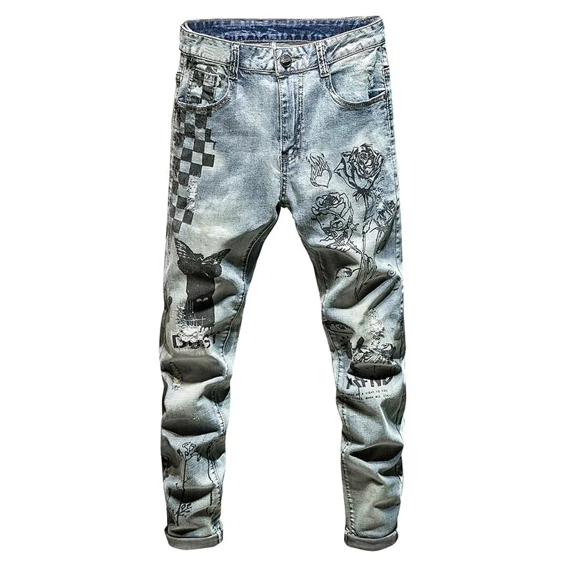 Checkerboard Rose Prints Men Slim Washed Jeans