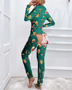 Christmas Print Functional Buttoned Flap Adults Pajamas