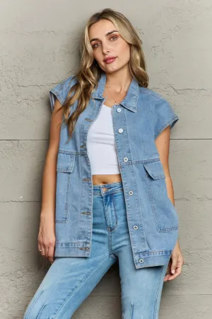 Collared Neck Sleeveless Denim Top with Pockets